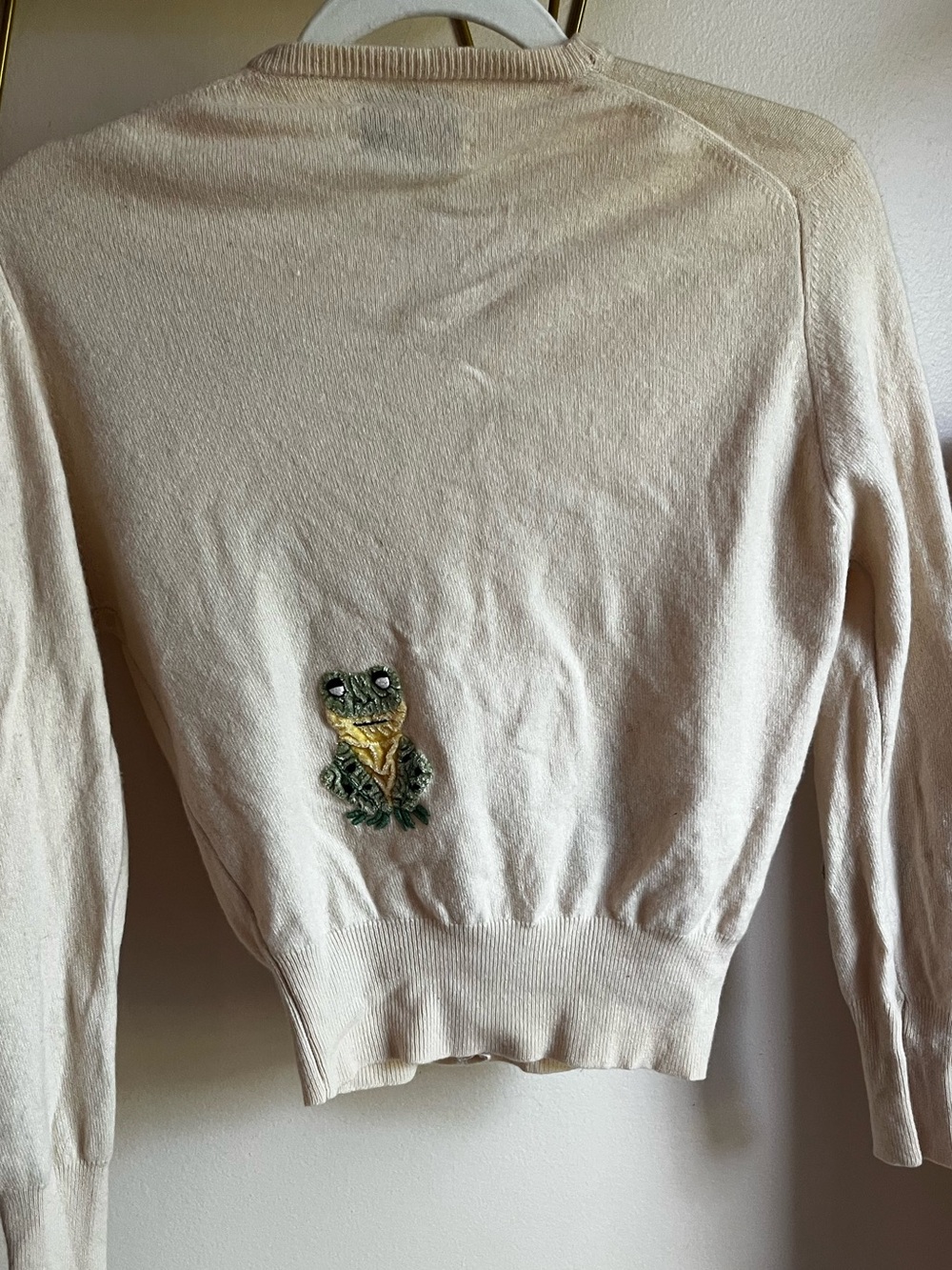 Quirky Cute Cream Embroidered Frog Cardigan Sweater - Picture 2 of 4